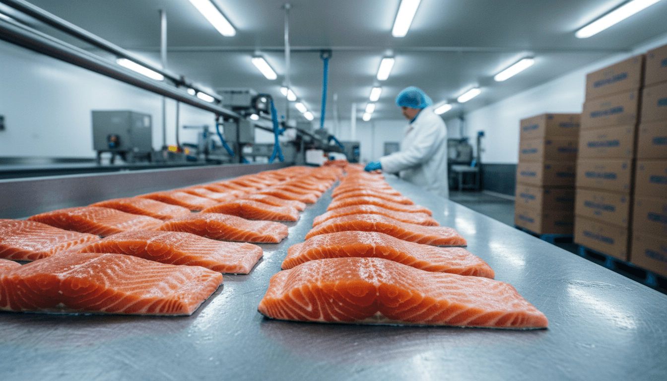 Fresh Atlantic salmon fillets on a stainless steel table in a cold storage facility