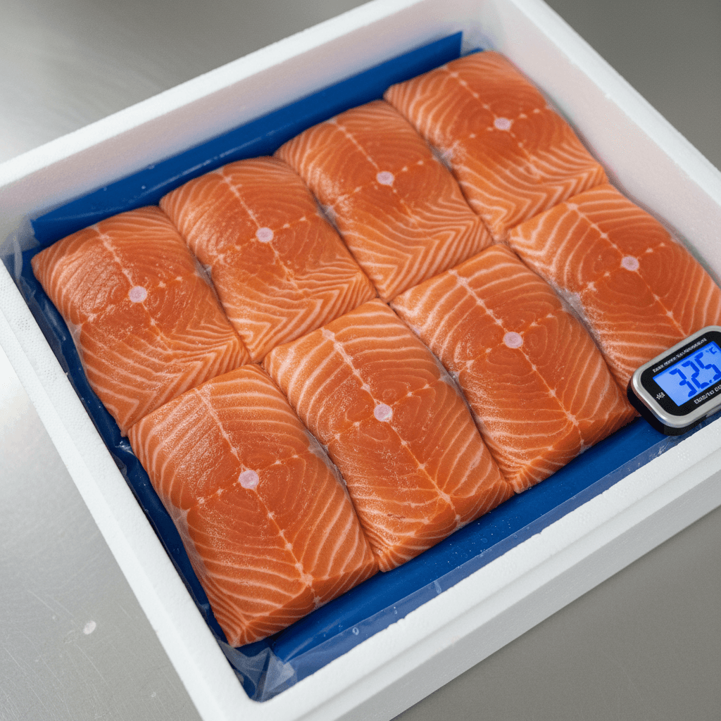 Portioned salmon fillets in a shipping box with cold pack