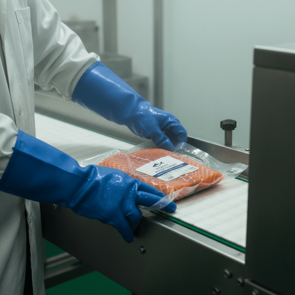 Gloved hands adjusting a vacuum-sealed package of salmon on a conveyer belt