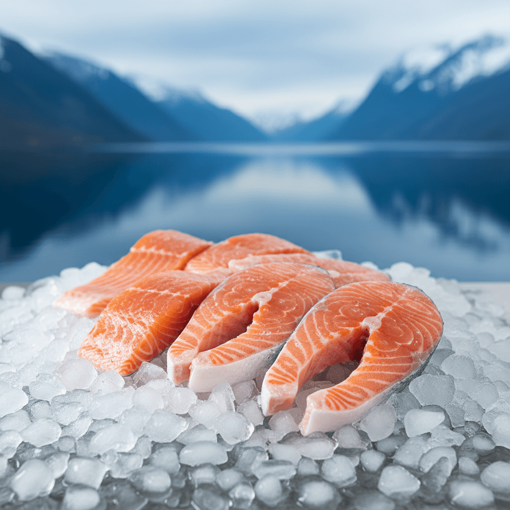 Fresh Norwegian salmon on ice