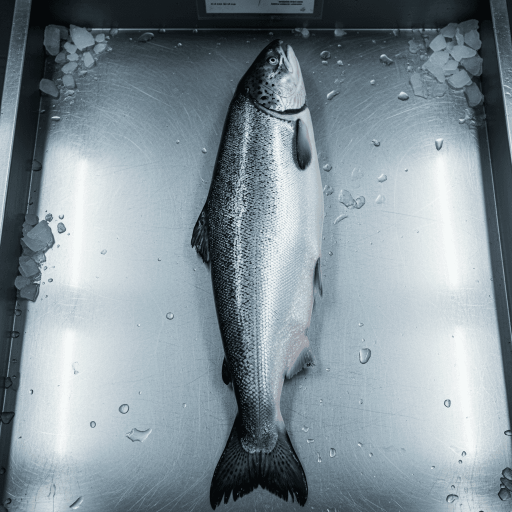 Whole Norwegian Atlantic salmon on a stainless steel processing table