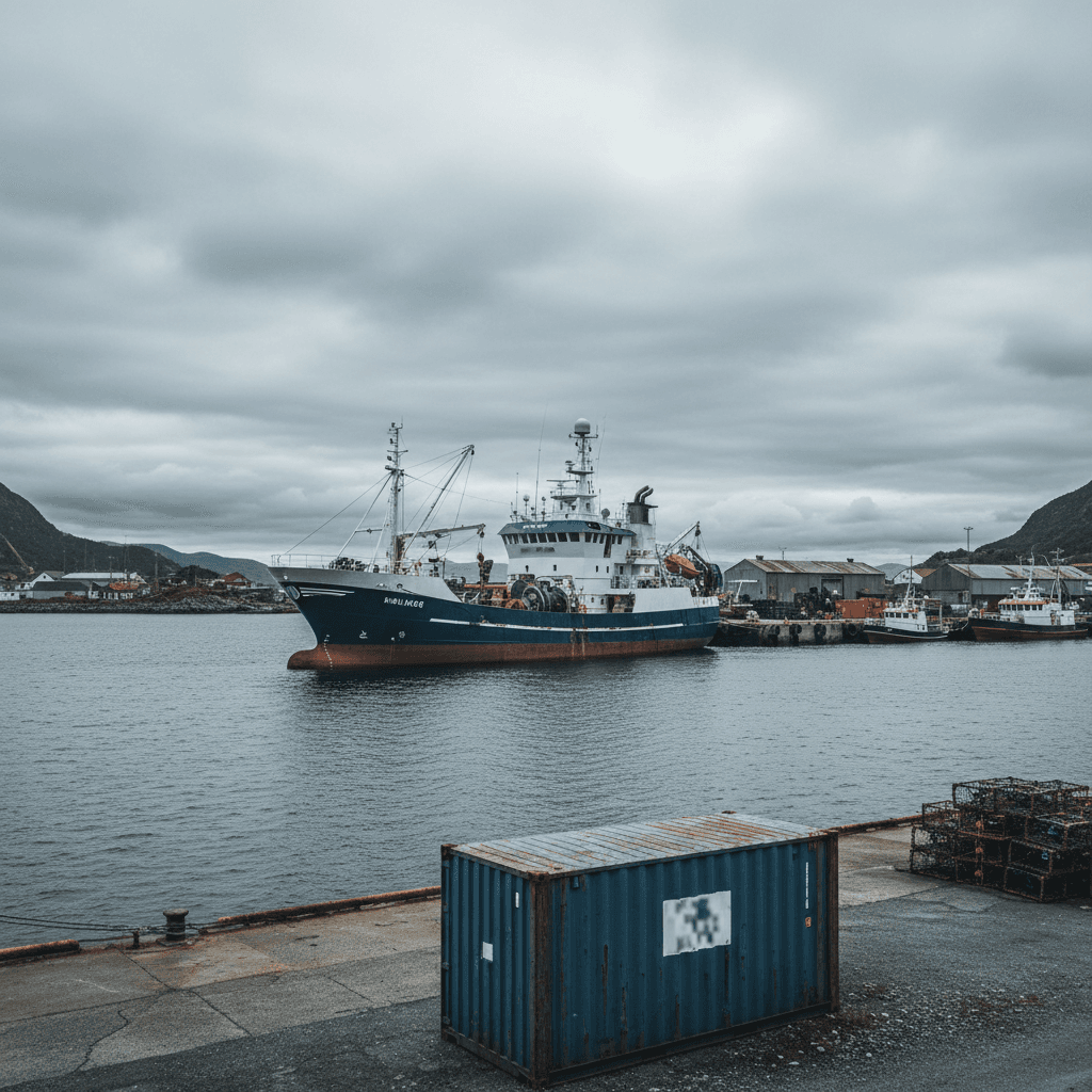 Commercial fishing vessel in a Norwegian fjord at a working port