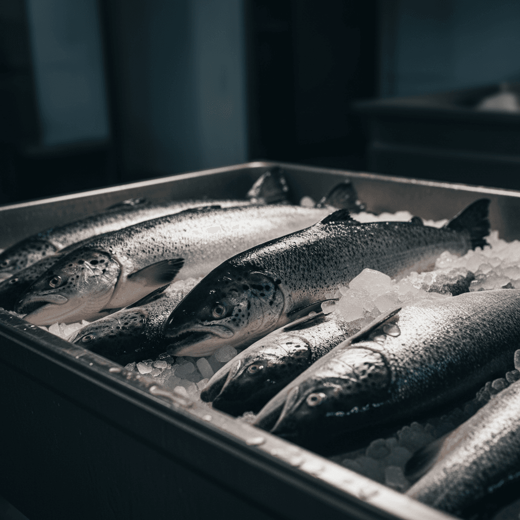 Fresh Norwegian salmon on ice in a shipping crate