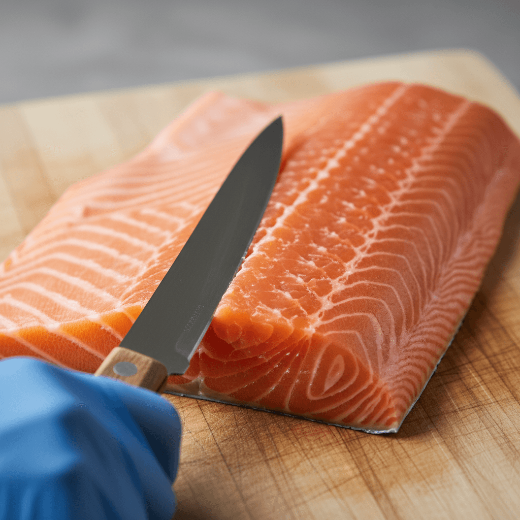 Close-up of a gloved hand grading a salmon cut with a boning knife