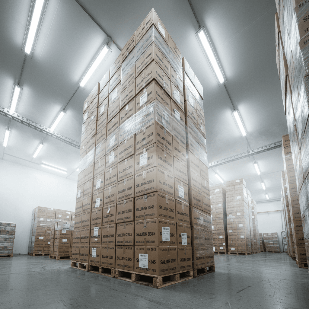 Stacked salmon shipping boxes in a refrigerated warehouse