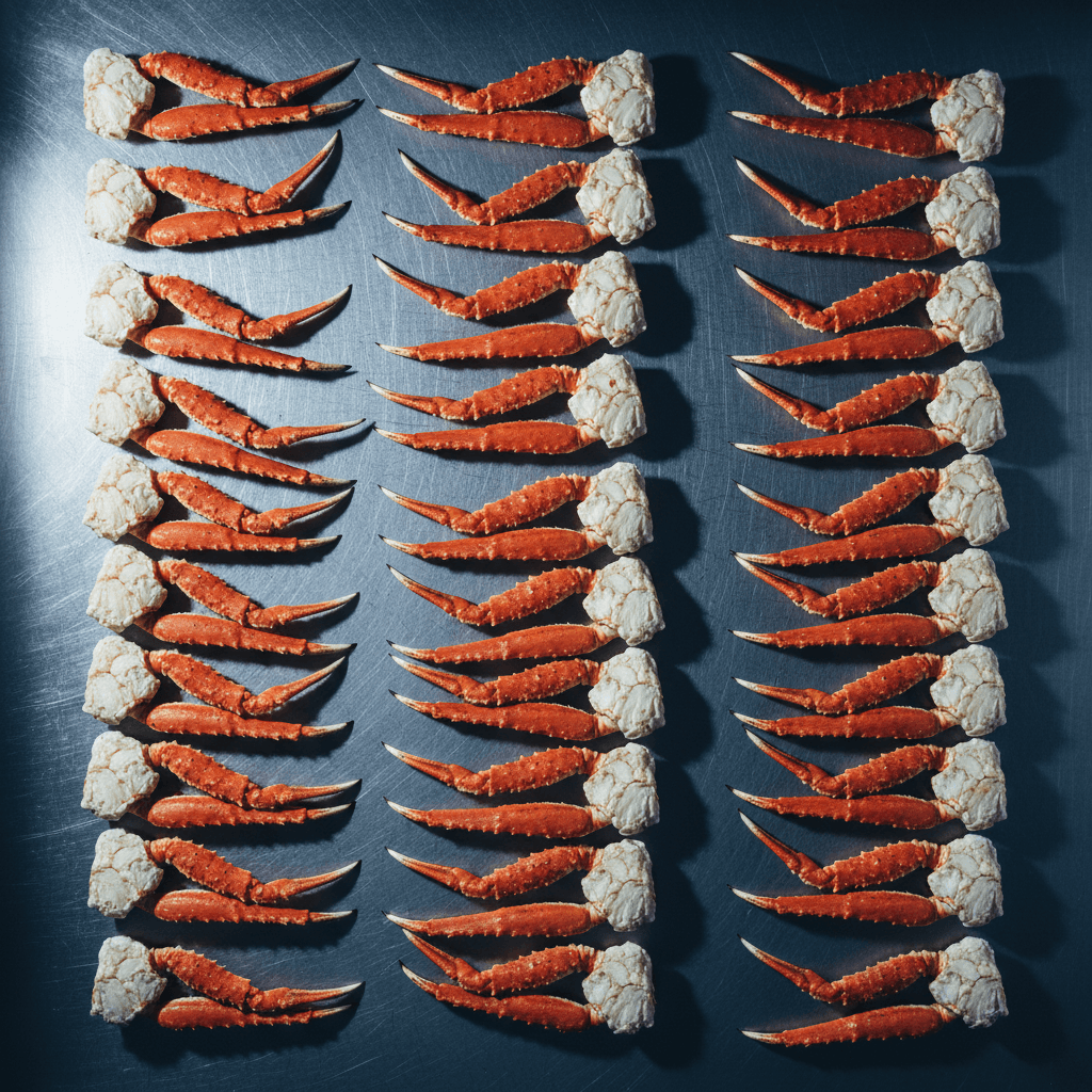 Rows of king crab and snow crab legs on a stainless steel surface