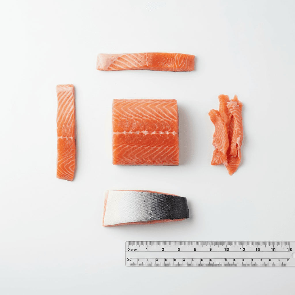 Flat lay of five salmon portion cuts arranged symmetrically on white
