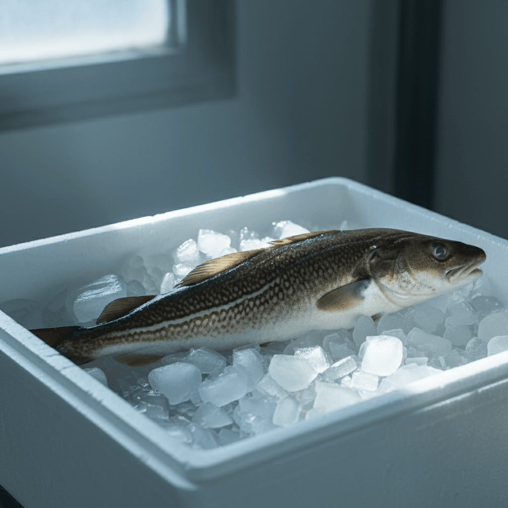 Whole Atlantic cod on crushed ice in a shipping box