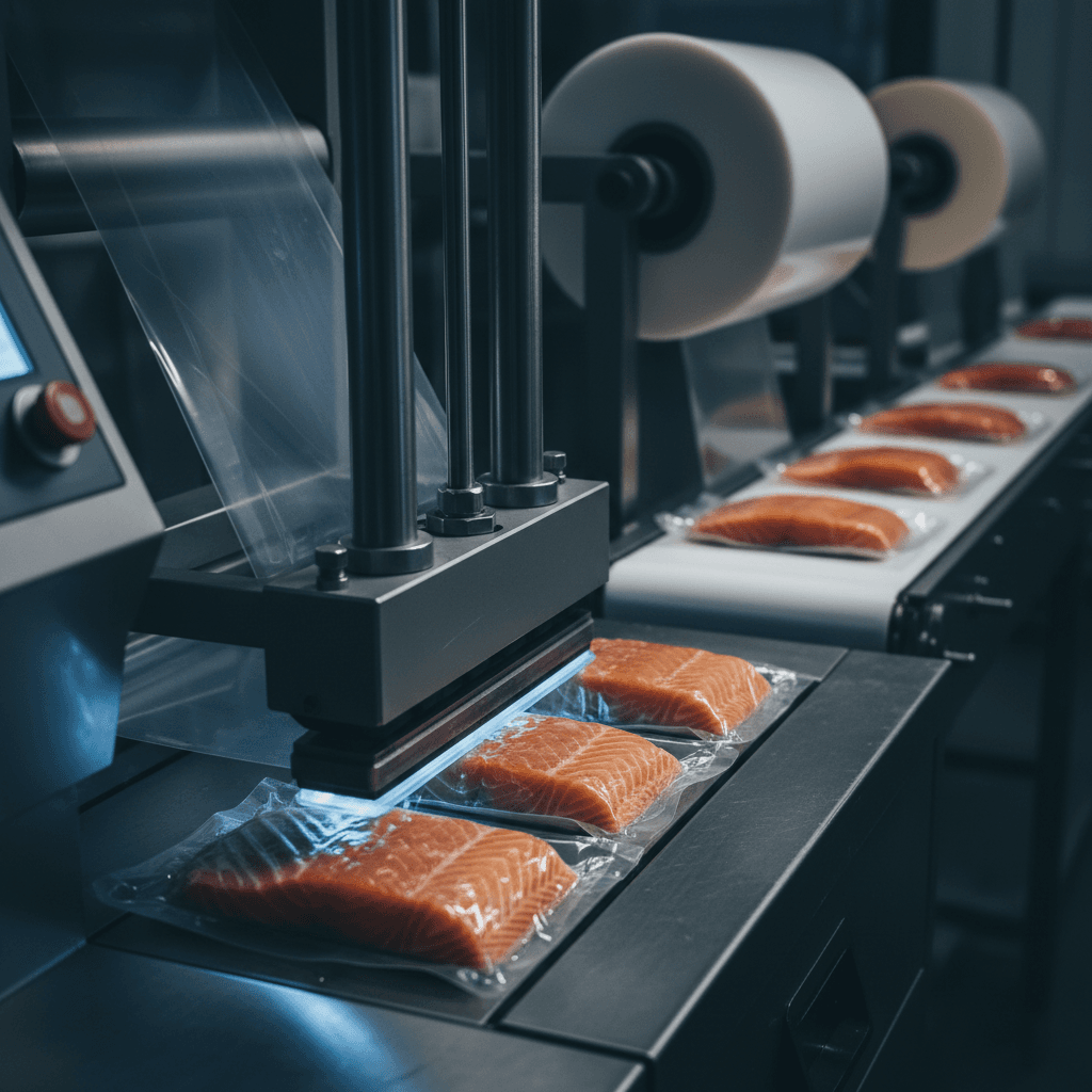 Salmon fillets being vacuum-sealed on a commercial packing line