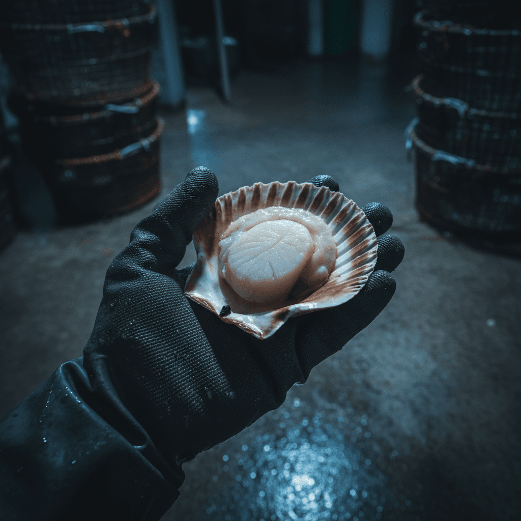 Gloved hand holding a large scallop in its shell in a processing facility