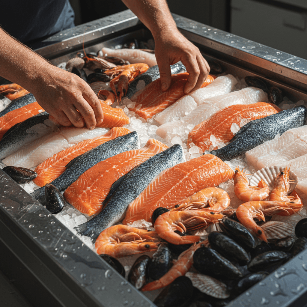 Fresh Norwegian salmon and premium seafood on ice