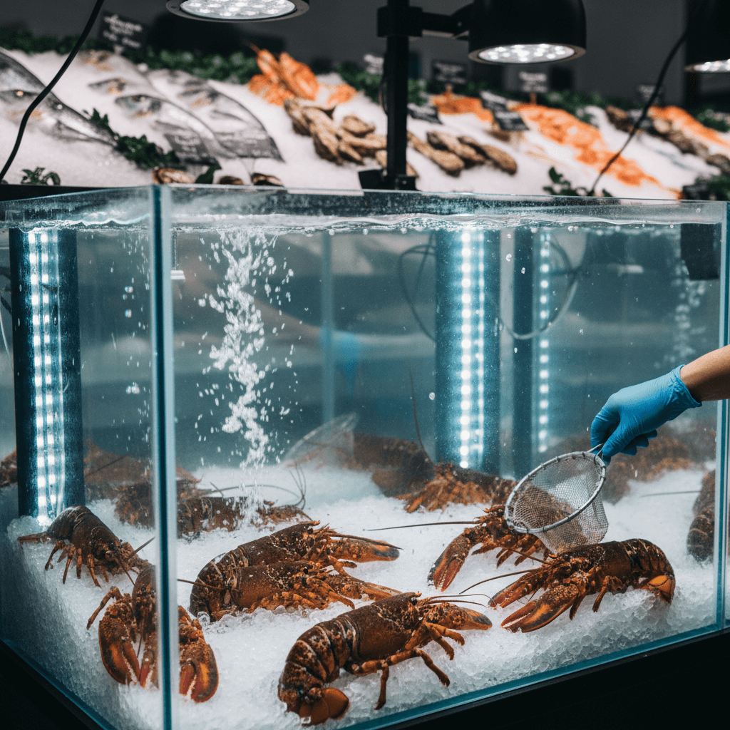Live king crab in cold storage